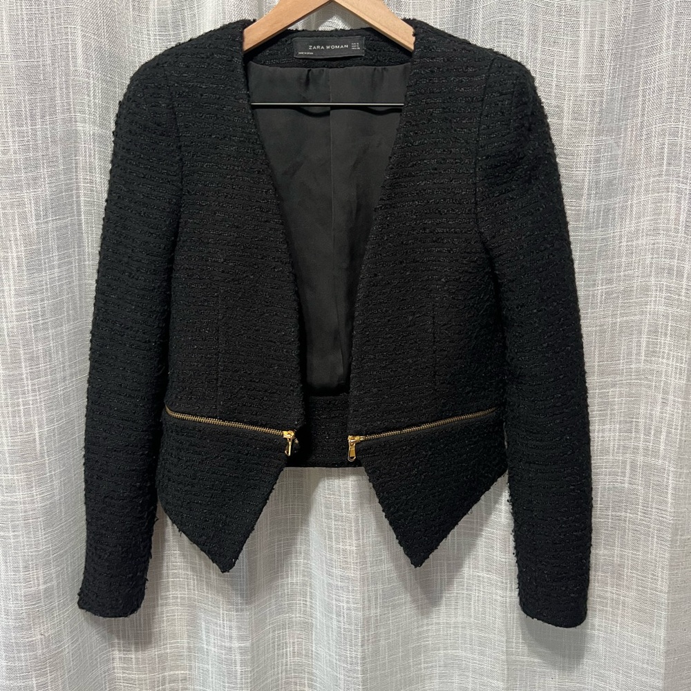 Zara Womens Solid Black Long Sleeve Gold Zipper Blazer Jacket